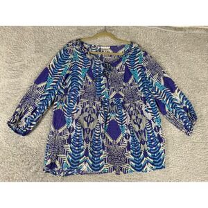 Como Woman‎ Tunic Top Women 2X Blue Tribal Print Excellent Boho Rayon Tie-Neck